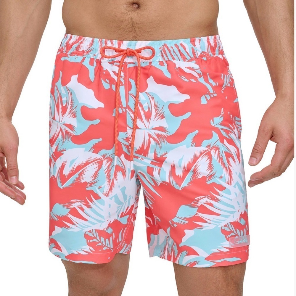 Calvin Klein Men M Coral Quick Dry UPF 50 Island Camo Elastic Waist Swim Trunks